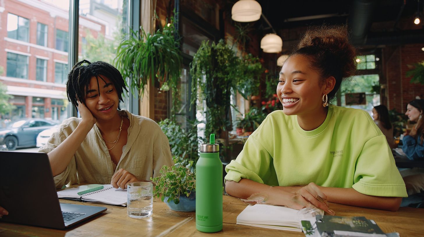 Two students at a café table with a laptop and notebooks, one of them laughing.