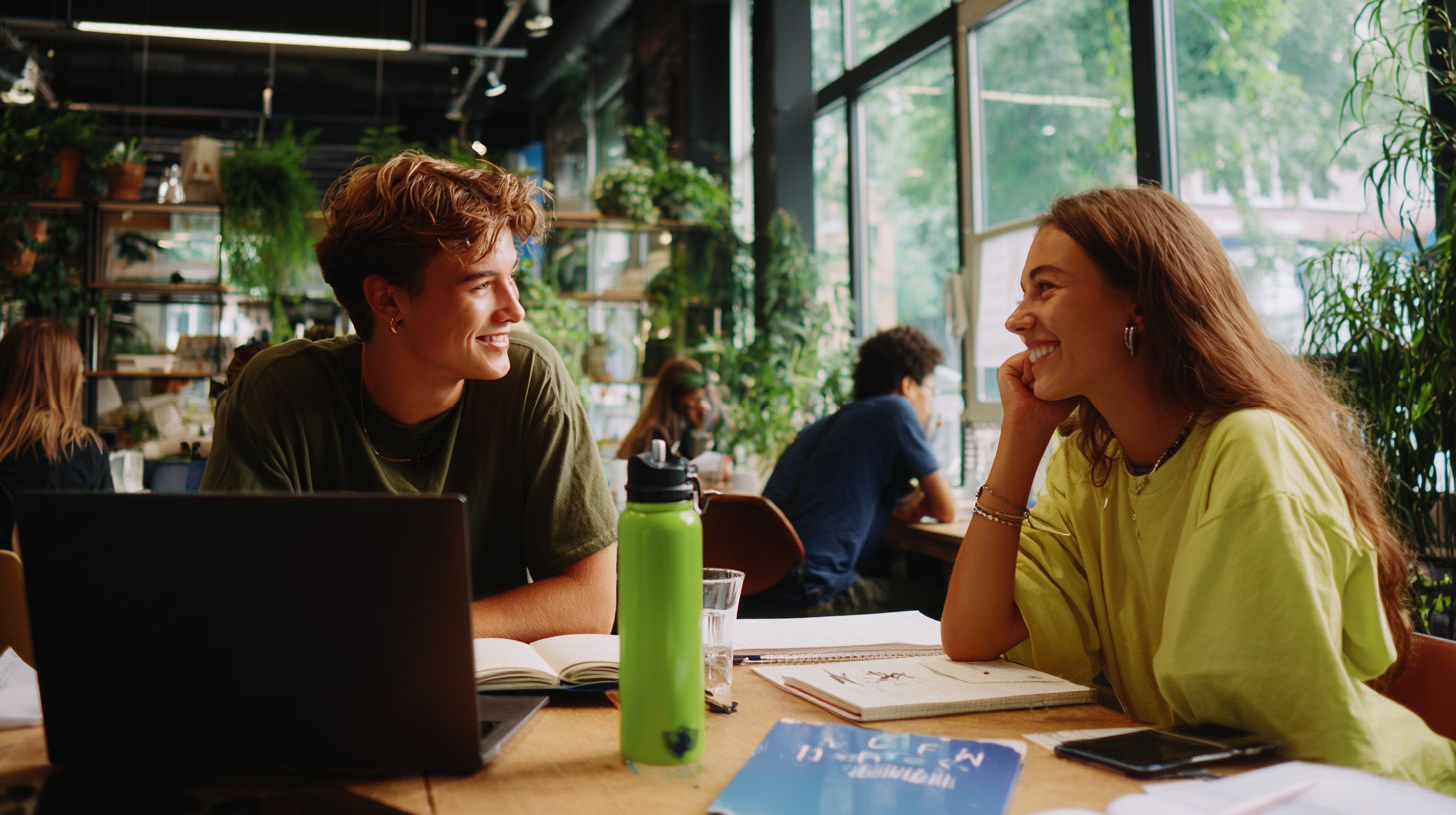 Two students smiling at each other across a table in a study space full of plants.