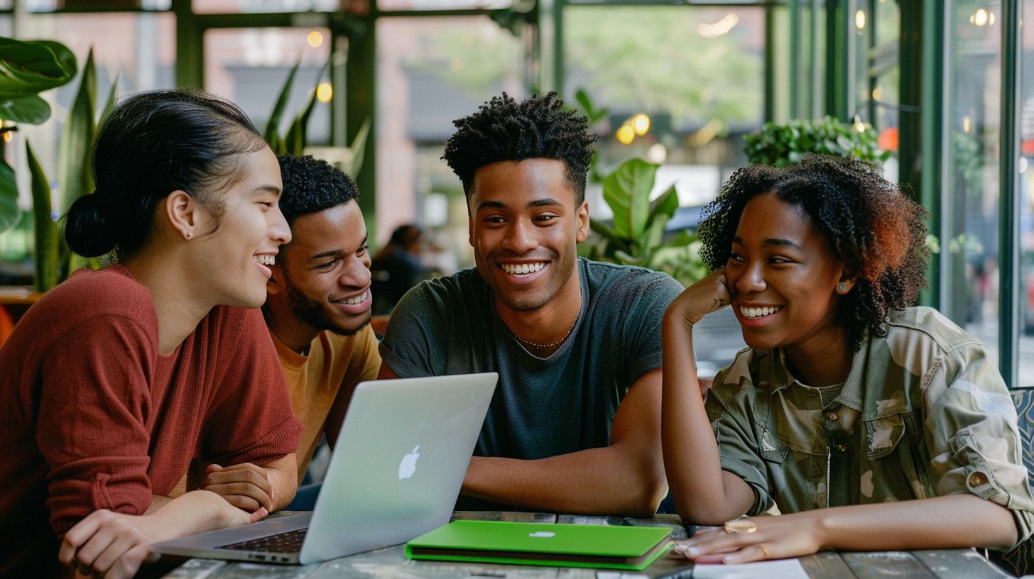 Four students gathered around a laptop and a green folder, smiling.