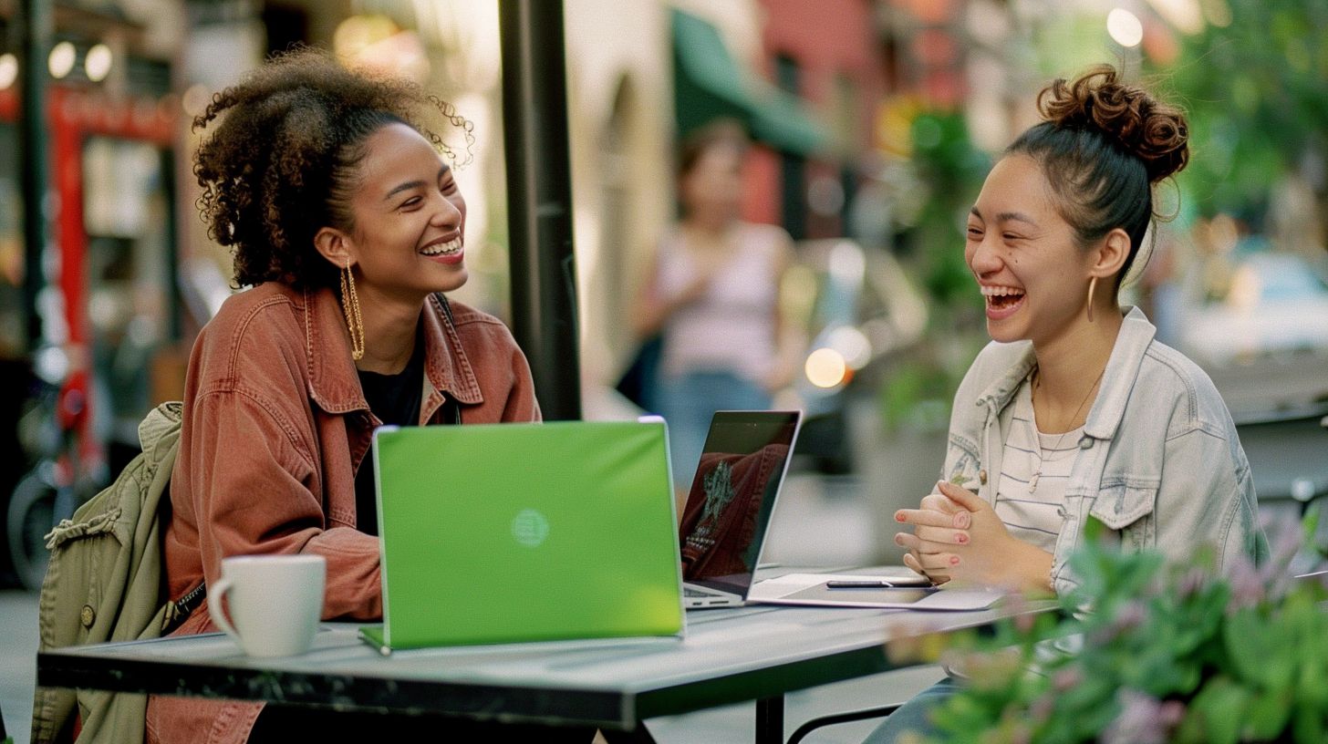 Two women laughing together at a street café table with a green laptop.