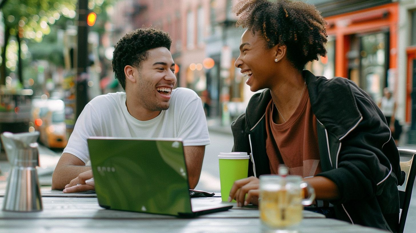 Two friends laughing at an outdoor table next to a green laptop and a green cup.