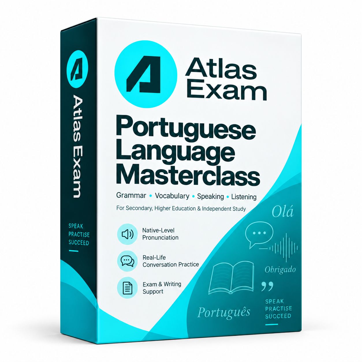 Portuguese Language Masterclass package by Atlas Exam, covering Grammar, Vocabulary, Speaking and Listening.